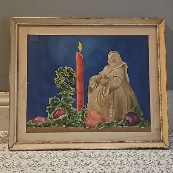 Vintage Antique Religous Angel Fruit Still Life Framed Painting Wall Art